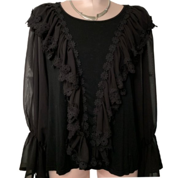 Black Victorian Boho Lacey Ruffles Flowy Knit Top - Picture 5 of 5